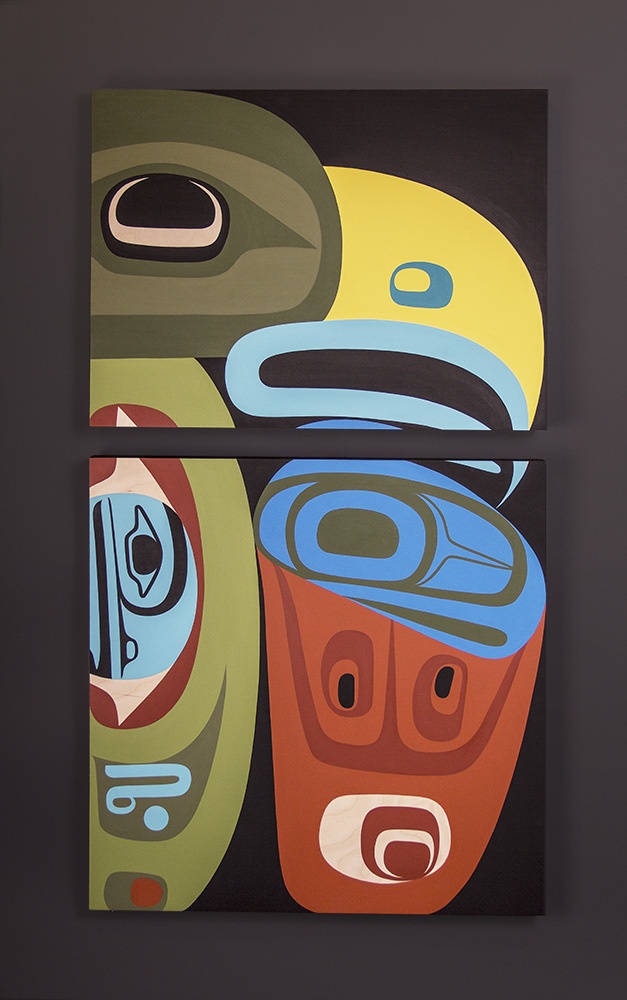 Friendship Steve Smith – Dla’kwagila Oweekeno Acrylic on panel 24 x 42 original painting diptych northwest coast native art