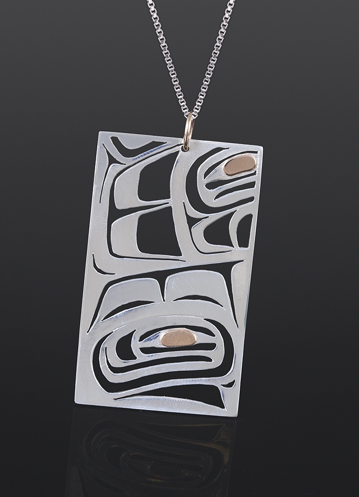 northern box pendant Grant Pauls Tahltan Silver, 14k gold, silver chain 1 1/4 x 2 425 jewelry northwest coast native art