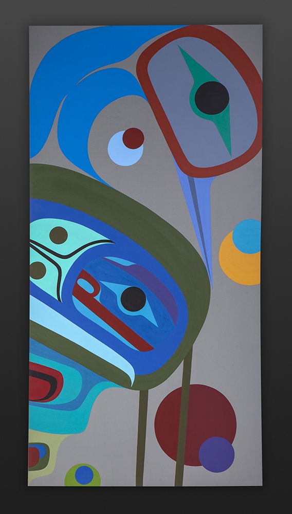 Young Heron Steve Smith - Dla’kwagila Oweekeno Acrylic on birch panel 24 x 48 original painting northwest coast native art