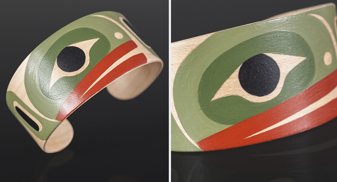 Little Frog Steve Smith - Dla'kwagila Oweekeno Maple, paint 6 1/2 x 1 1/2 bracelet sculpture wood jewelry native art contemporary northwest coast