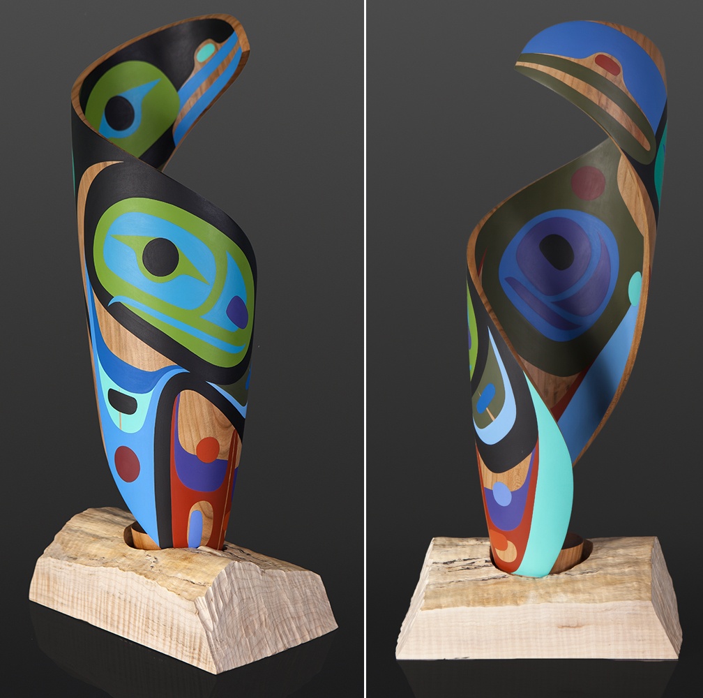 Trickster Spiral Steve Smith - Dla'kwagila Oweekeno Maple, paint 22 x 10 x 8 sculpture wood contemporary northwest coast native art
