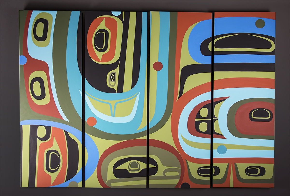 Happiness Steve Smith - Dlakwagila Oweekeno Acrylic on panel polyptich 36" x 12" original painting northwest coast native art