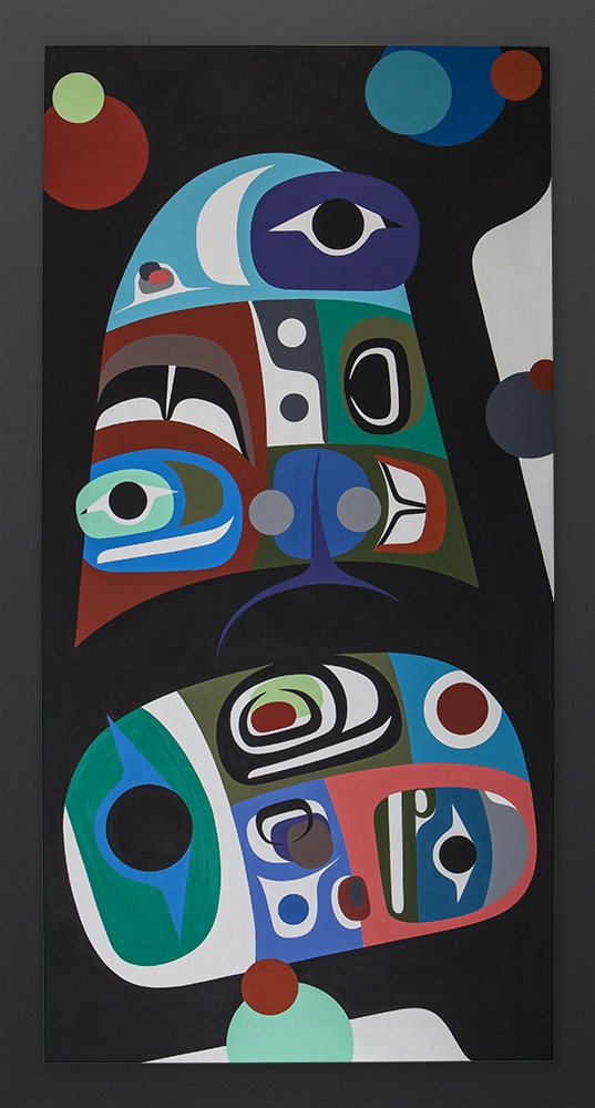 Trickster Steve Smith - Dla’kwagila Oweekeno Acrylic on birch panel 30 x 60 painting contemporary modern northwest coast native art