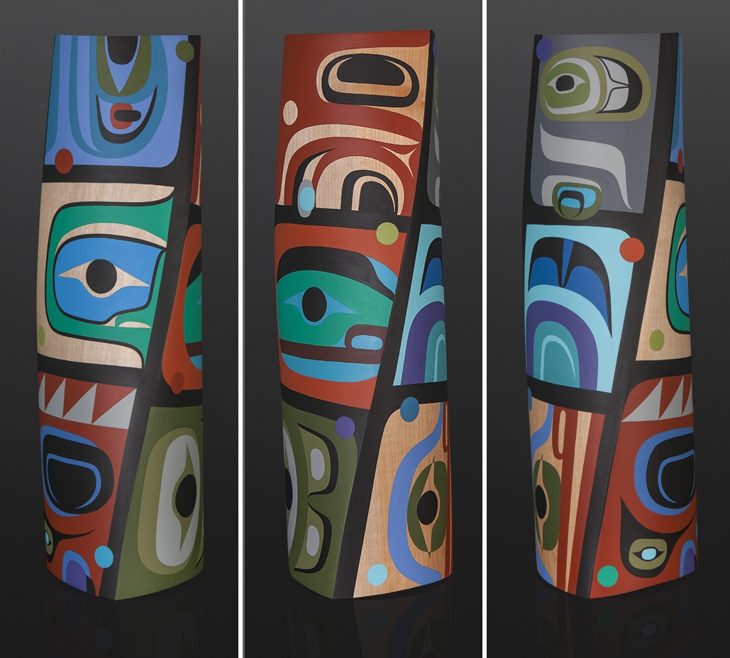 Joyful Steve Smith - Dla’kwagila Oweekeno Acrylic on turned maple 21 x 6 x 6 original sculpture vase northwest coast native art