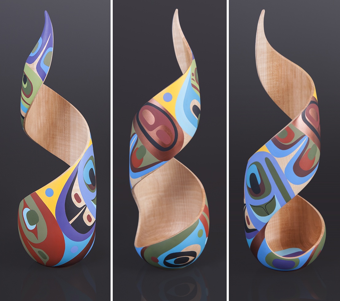 Friendship Steve Smith - Dla’kwagila Oweekeno Turned maple, paint 18 x 6 x 6 original sculpture northwest coast native art contemporary