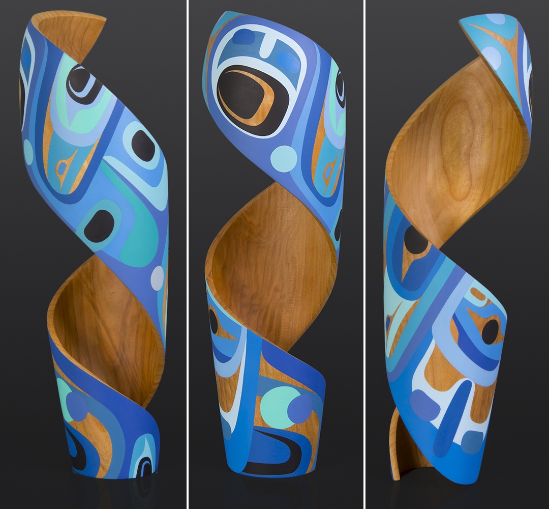 Ocean Steve Smith - Dla'kwagila Oweekeno Turned maple, paint 21 x 7 x 7 spiral sculpture northwest coast native art