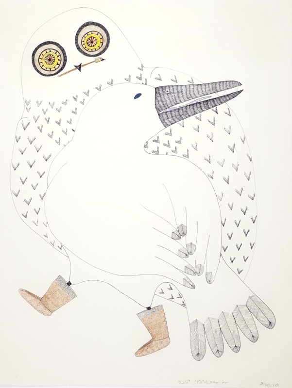 Ningeokuluk Teevee Inuit Colored pencil and ink 25 x 20 owl paints raven black inuit original drawing cape dorset