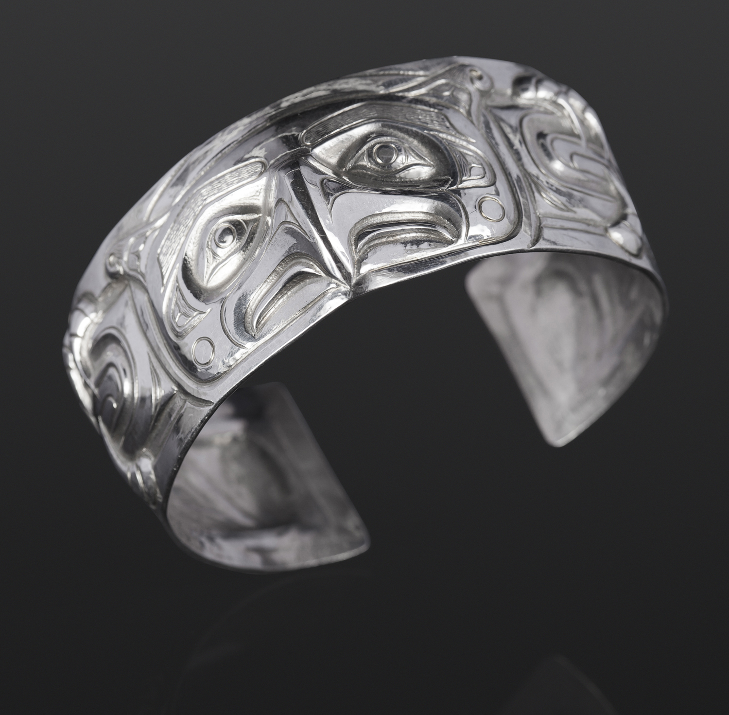 thunderbird bracelet custom stand Gus Cook Kwakwaka'wakw silver Repoussé jewelry native art northwest coast 6 x 1 2600