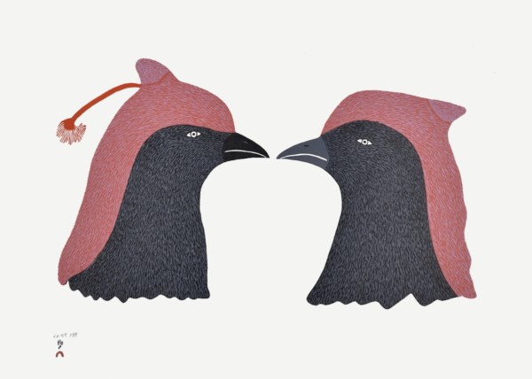 Papiara Tukiki Stonecut 17 ½"x 24 ¼ 700 crested ravens Inuit print cape dorset