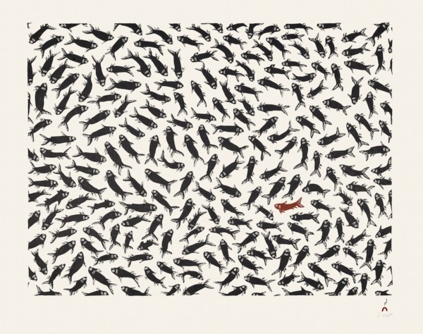 Cee Pootoogook Stonecut Edition of 100 22 ½ x 28 700 school of fish inuit print cape dorset