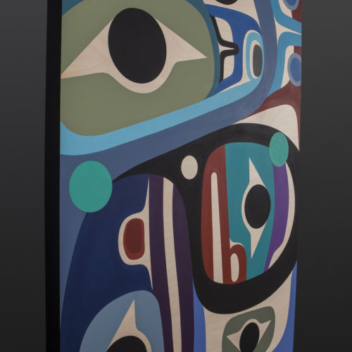 Happiness Steve Smith Dla'kwagila Oweekeno birch panel, paint 24 x 36 northwest coast native art wolf raven human