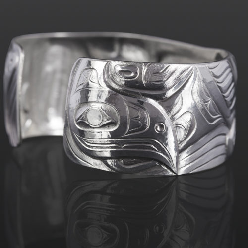 orca and thunderbird bracelet custom stand Gus Cook Kwakwaka'wakw silver Repoussé jewelry native art northwest coast 6 1/2 x 1 2600