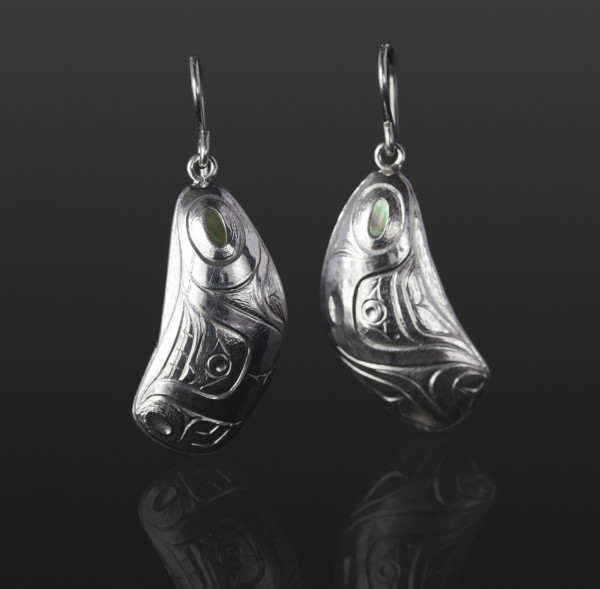 mussel shell earrings Gus Cook Kwakwaka'wakw silver Repoussé jewelry native art northwest coast 1 x 1/2 750 abalone