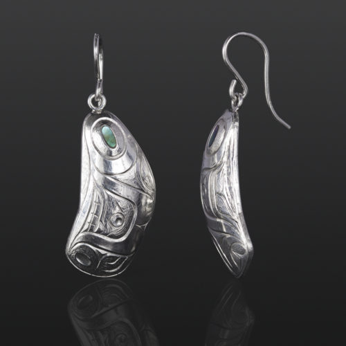 mussel shell earrings Gus Cook Kwakwaka'wakw silver Repoussé jewelry native art northwest coast 1 x 1/2 750 abalone