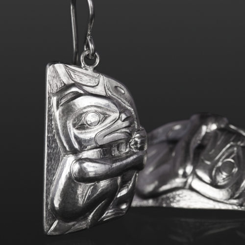 bear cub earrings Gus Cook Kwakwaka'wakw silver Repoussé jewelry native art northwest coast 1 x 1/2 1100