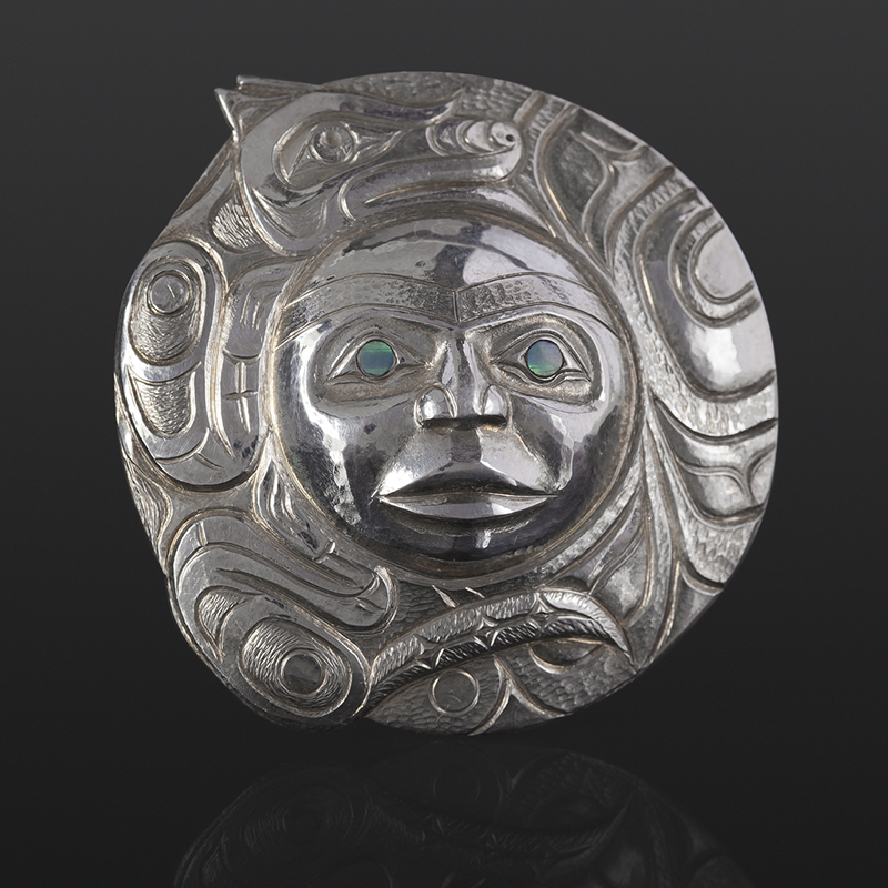 Wolf and Moon pendant Gus Cook Kwakwaka'wakw silver Repoussé jewelry pendant abalone native art northwest coast 1 3/4 x 1 3/4 1850