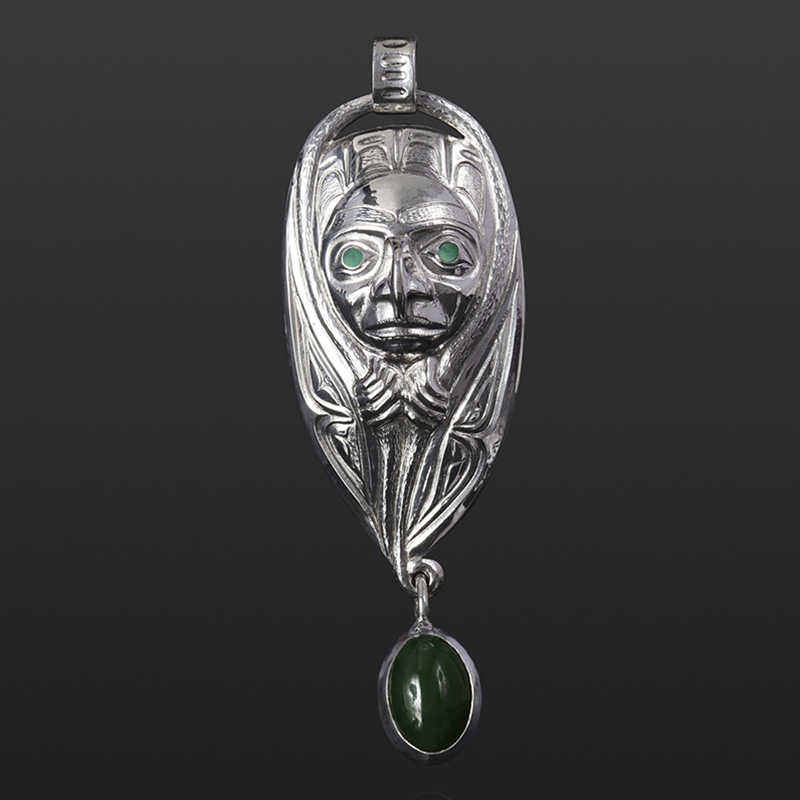emergence pendant hawk transformation jade Gus Cook Kwakwaka'wakw abalone silver Repoussé jewelry pendant native art northwest coast 1950 3 1/4 x 1 1/4