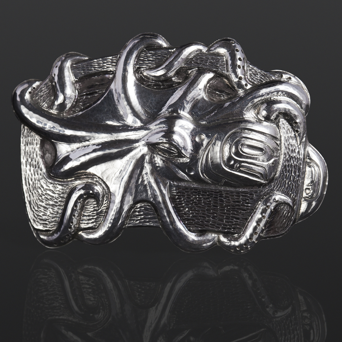 octopus in ovoid pendant Gus Cook Kwakwaka'wakw silver Repoussé jewelry native art northwest coast 2 1/4 x 1 1/2 1400