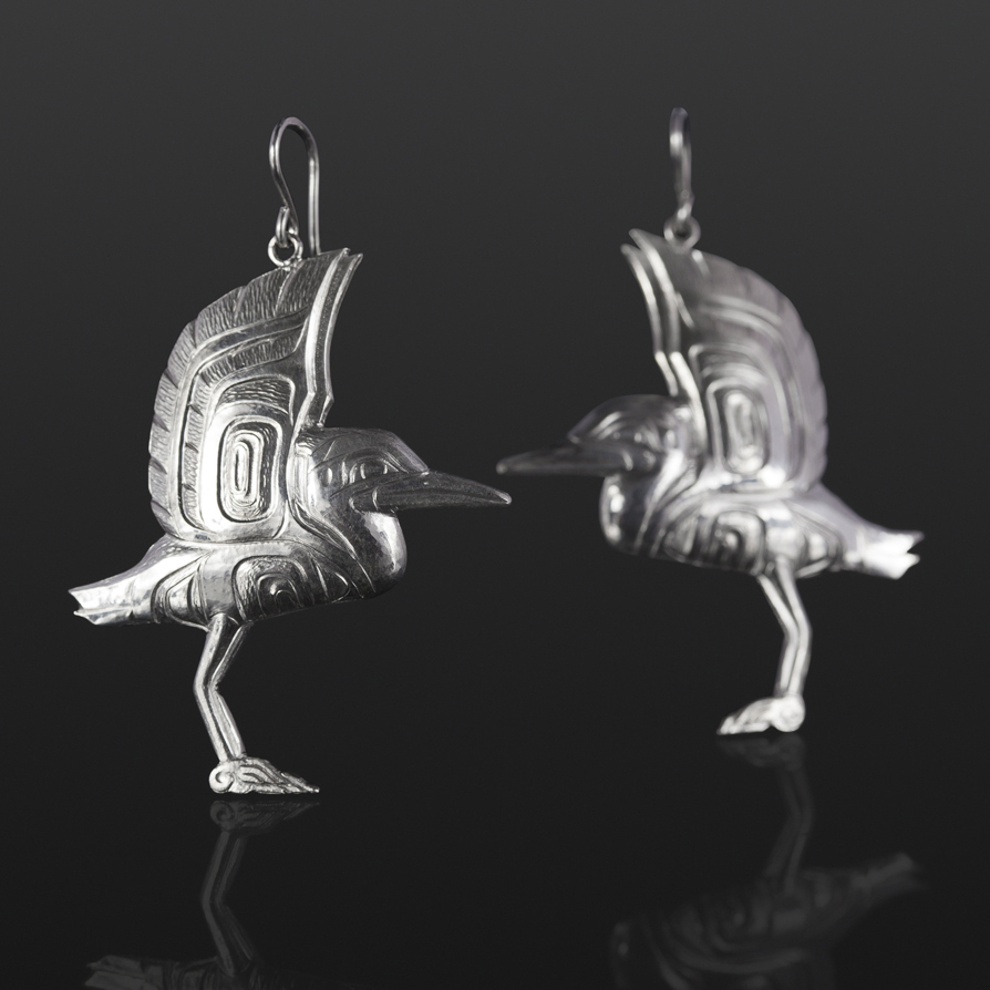 heron earrings bird in flight Gus Cook Kwakwaka'wakw silver Repoussé jewelry native art northwest coast 2 x 1 1/2 1200
