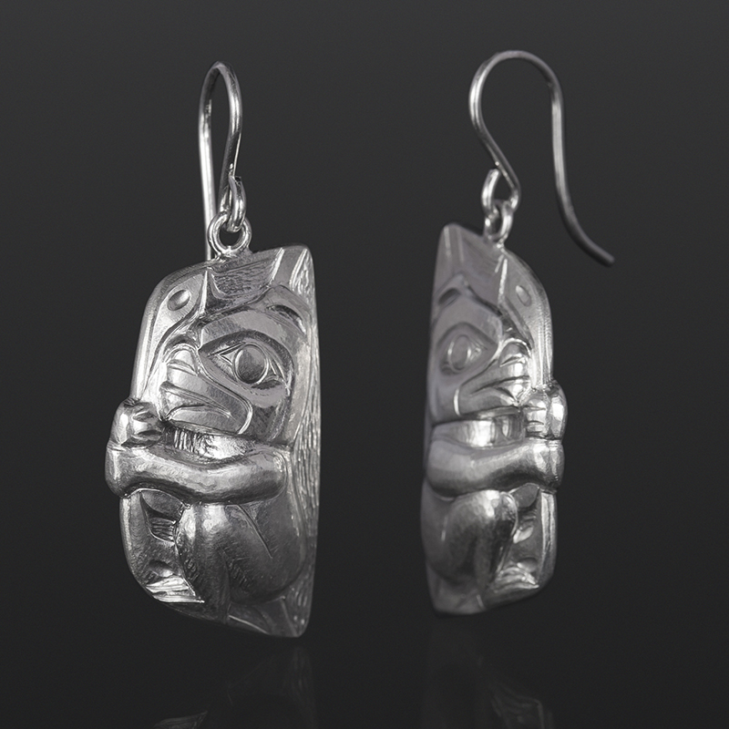 bear cub earrings Gus Cook Kwakwaka'wakw silver Repoussé jewelry native art northwest coast 1 x 1/2 1100