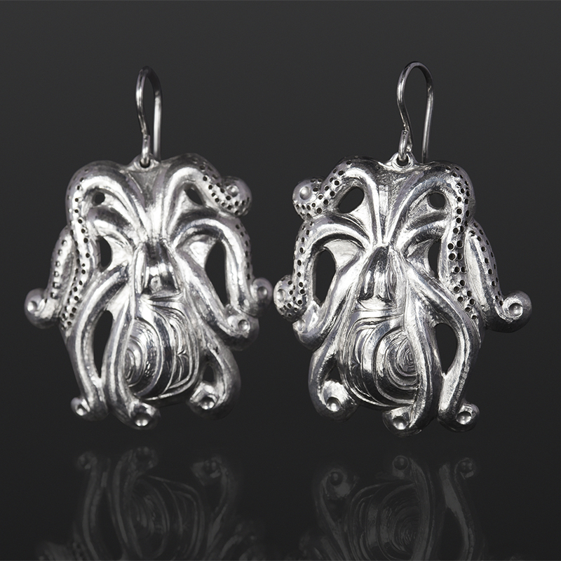 octopus earrings earrings Gus Cook Kwakwaka'wakw silver Repoussé jewelry earrings native art northwest coast 1 1/4 x 1 1/4 1500