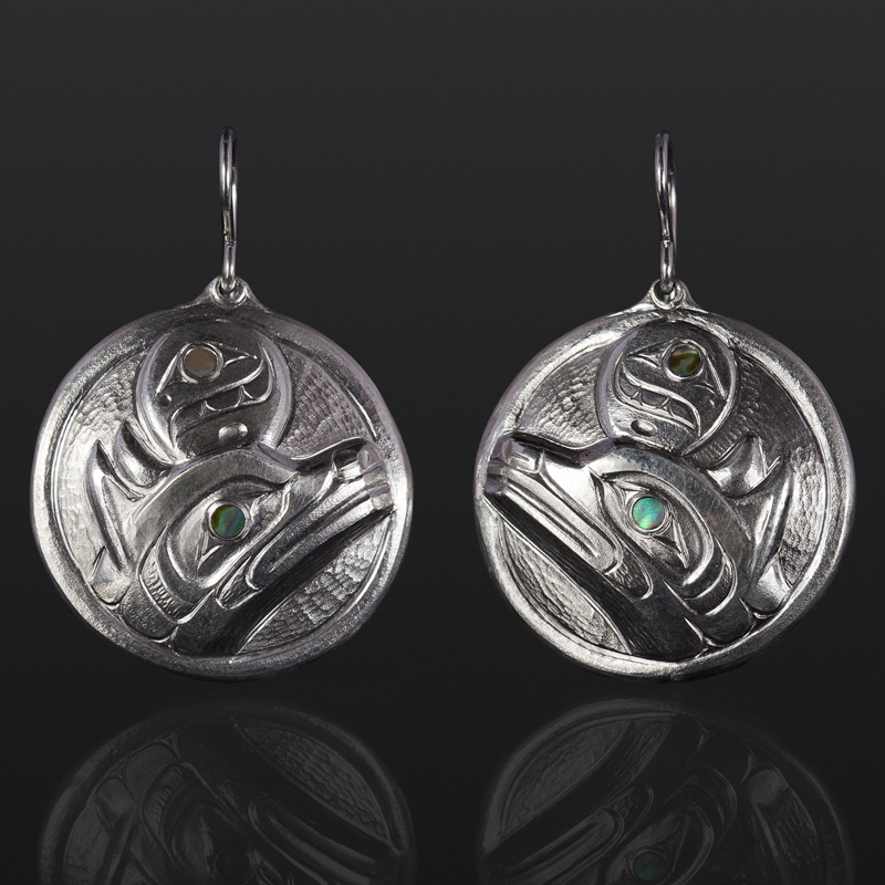 wolf moon earrings Gus Cook Kwakwaka'wakw silver Repoussé jewelry native art northwest coast abalone 1 x 1 1400
