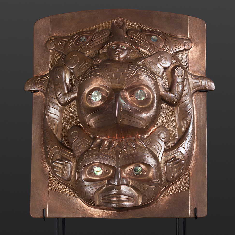 copper frontlet abalone custom stand Gus Cook Kwakwaka'wakw silver Repoussé jewelry native art northwest coast