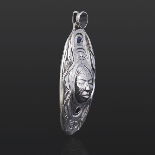 New Moon  Gus Cook  Kwakwaka’wakw  Silver and abalone  woman pendant repousse jewelry 1½ x ½ 1600