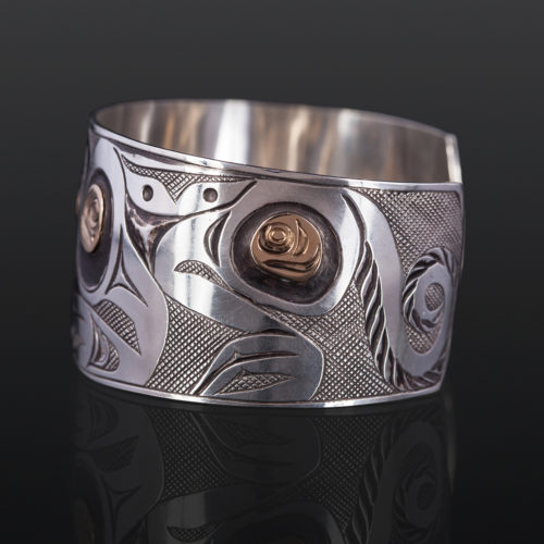 Wolf and the Night Sky Kelvin THompson saulteaux haisla silver and gold 6" x 1 1/4" 2200 northwest coast jewelry bracelet
