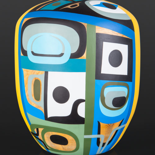 The Spirit In All of Us Steve Smith Dla’kwagila Oweekeno Ponderosa pine, paint 18” x 13” x 12½” $8000 modern art vase northwest coast