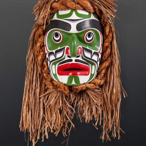 kumugwe mask 1998 stephen bruce kwakwaka'wakw red cedar, paint, cedar bark 23" x 15" x 8" 6000