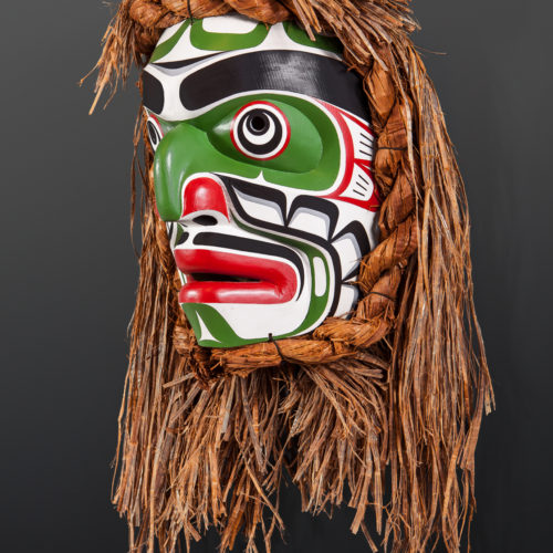 kumugwe mask 1998 stephen bruce kwakwaka'wakw red cedar, paint, cedar bark 23" x 15" x 8" 6000