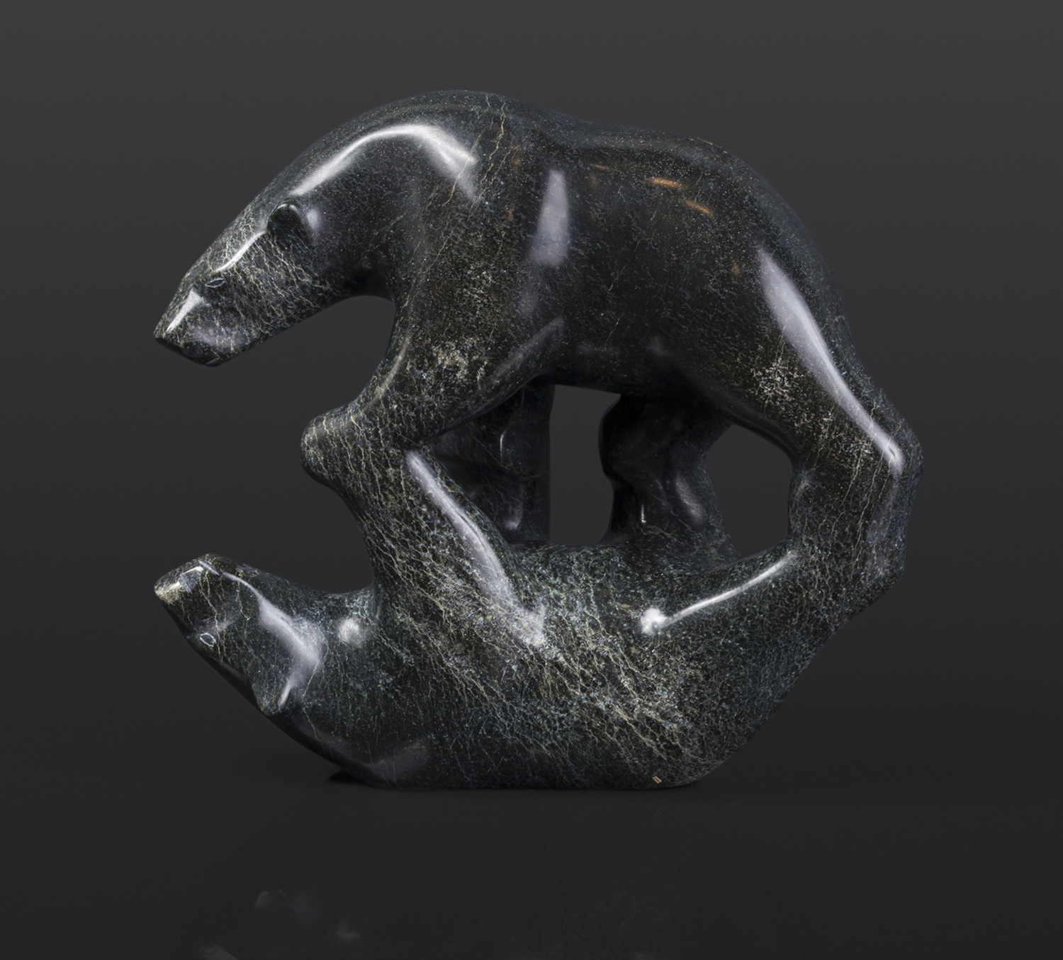 Mirror Bears Tony Ohotaq Inuit Serpentine 8” x 3¼” x 7” $1280 polar bears arctic art cape dorset