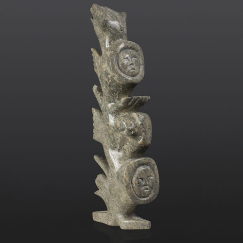 Spirit Tukiki Manomie Inuit Serpentine 8” x 4” x 18” $1600 sculpture tree of life bears birds seals cape dorset