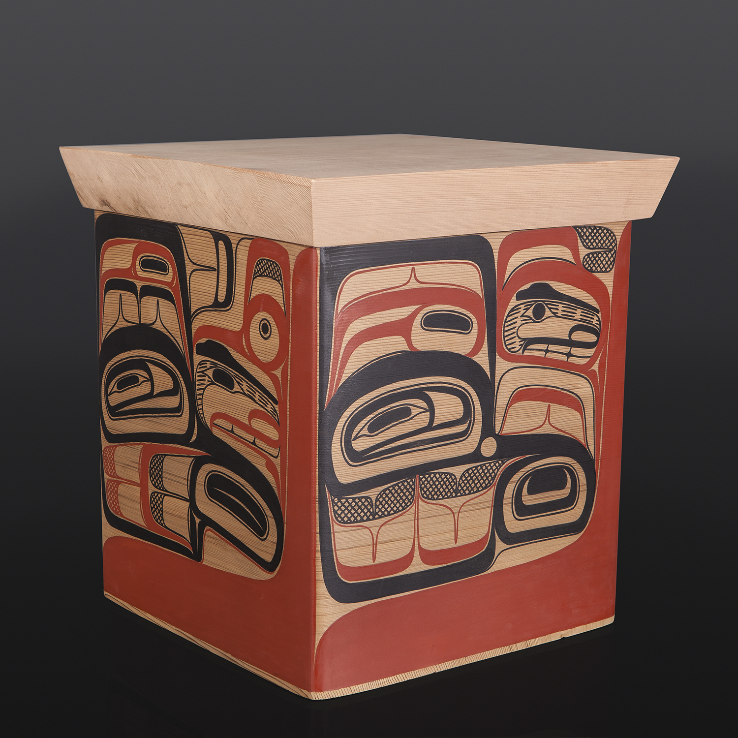 Trade Box David Boxley Tsimshian Red cedar, paint 17" x 14 1/2" x 15 1/4" $4500 bentwood box cedar art