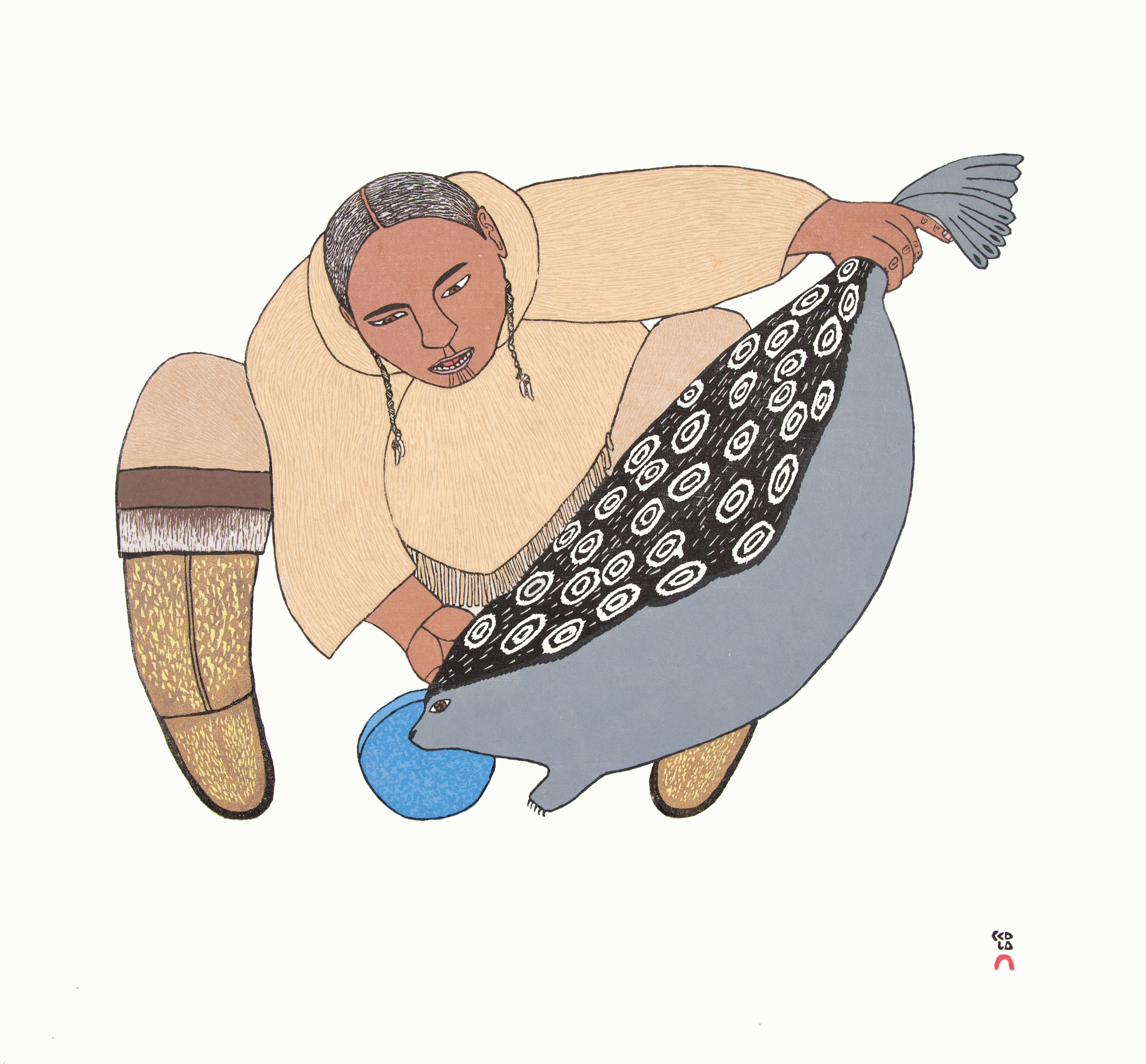 NINGIUKULU TEEVEE Surusiq Natsiaruqtuq (The Boy Turns into a Seal) Stonecut Printer: Tapaungai Niviaqsi 52 x 55.5 cm; 20 3/4 x 22 in. $560