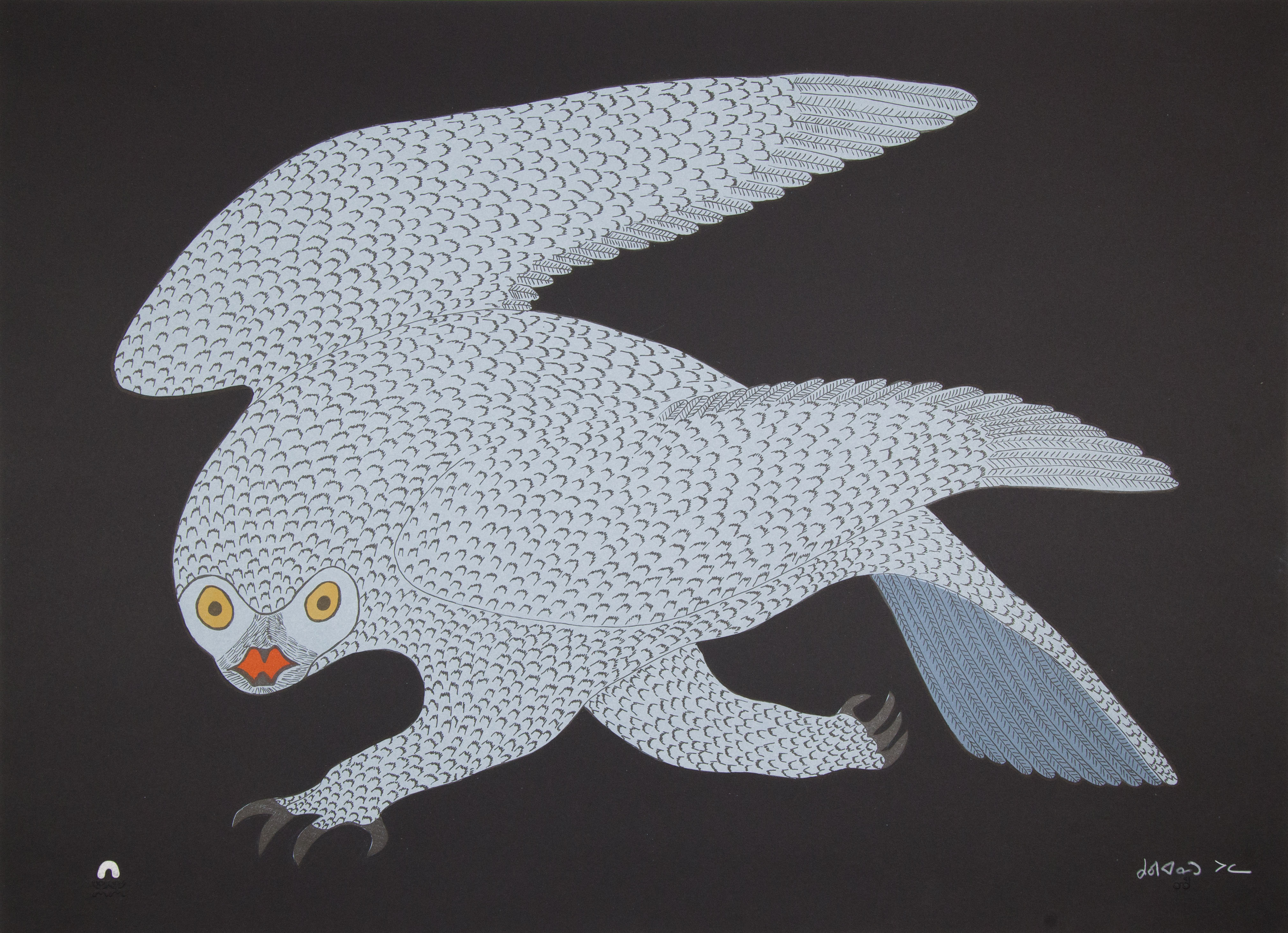 QUVIANAQTUK PUDLAT Stalking Owl Lithograph Printer: Niveaksie Quvianaqtuliaq 56.5 x 76.5 cm; 22 1/4 in. x 30 in. $640 US