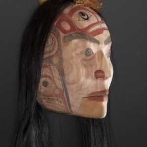 “Sgüüxs” Speaker Shawn Aster Tsimshian Alder, horse hair, abalone, paint 10" x 8” x 5" 36" with hair $3800