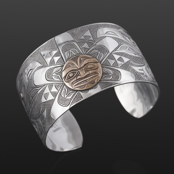 Raven and the Sun Kelvin Thompson Saulteaux / Haisla Silver, 14k gold 2"