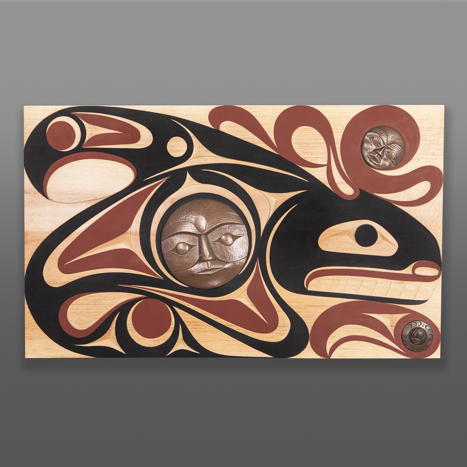 Keeper of the Water Andy & Ruth Peterson Coast Salish Red cedar, cold-cast bronze, paint 36" x 21½" x 2" $5800