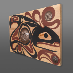 Keeper of the Water Andy & Ruth Peterson Coast Salish Red cedar, cold-cast bronze, paint 36" x 21½" x 2" $5800