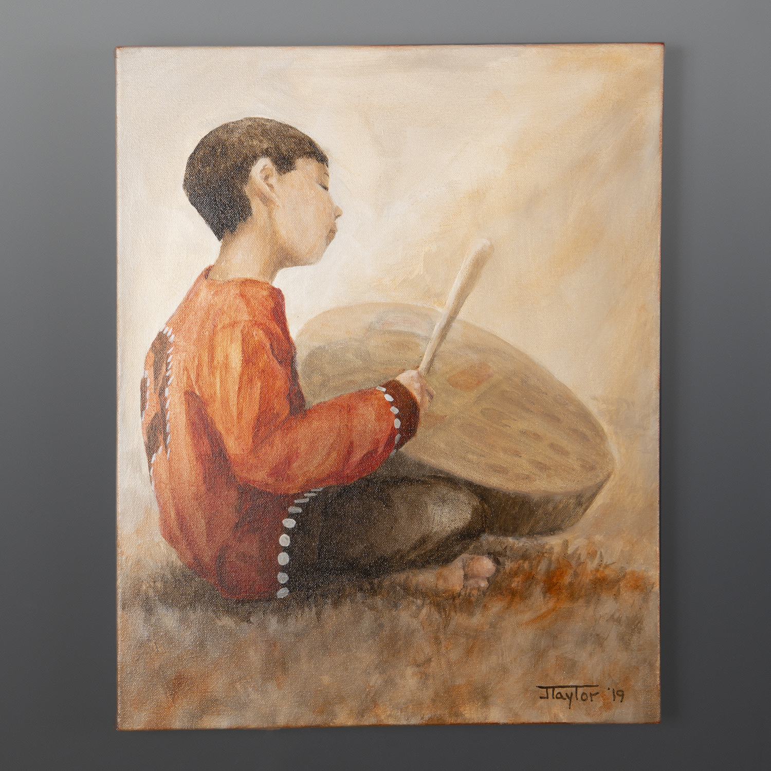 In His Own World Drummer Boy Jean Taylor Tlingit contemporary painting