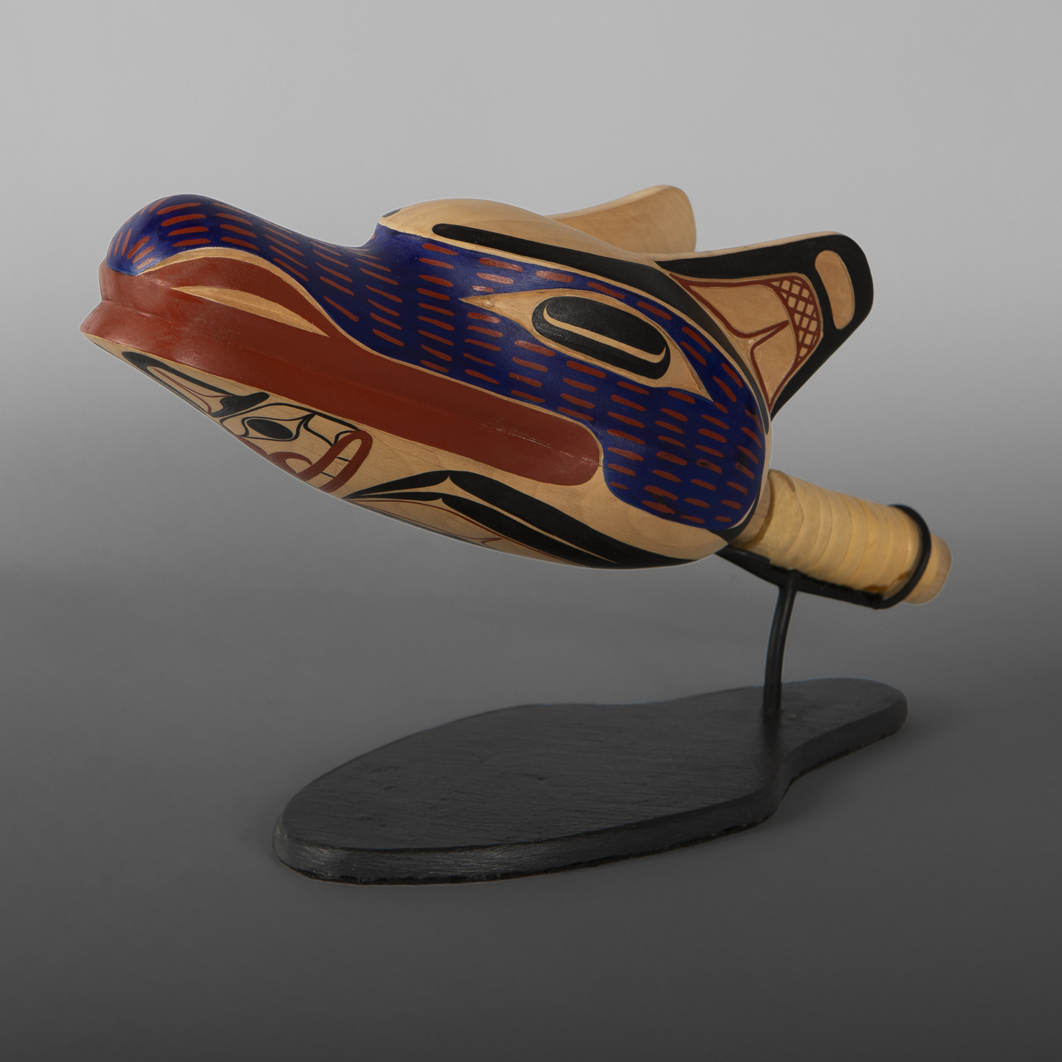 Wolf Rattle
David A Boxley
Tsimshian
Alder, leather, paint, beads, custom stand
12" x 4" x 4" x (&"  high with stand)
$5800