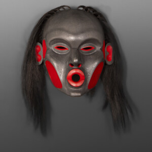 Dzunukwa Mask
Raymond Shaw
Kwakwaka’wakwRed cedar, horsehair, paint
16” x 16’ x 9” (22” w/ hair)
$5000
