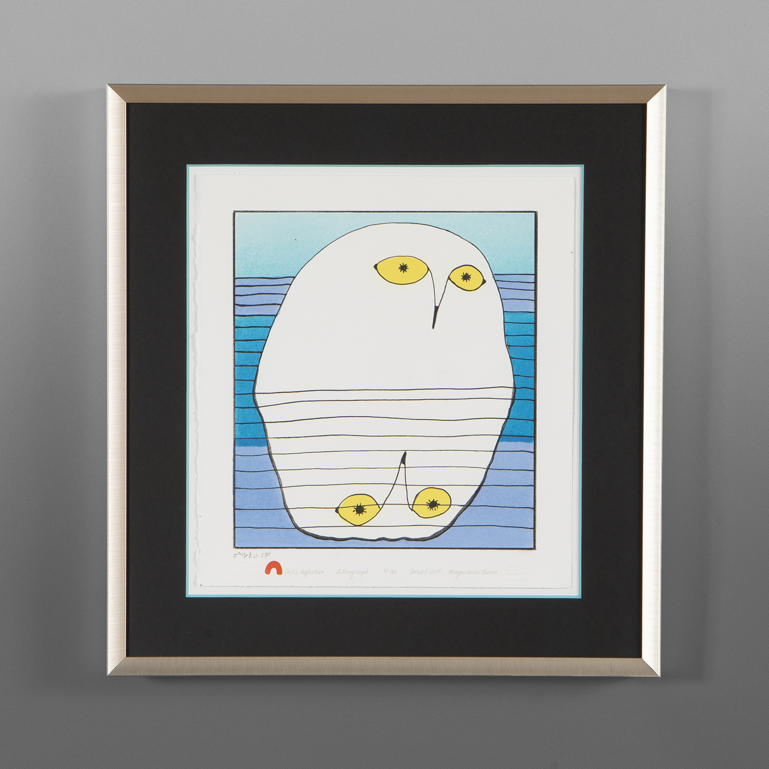 Owl's Reflection
Ningiukulu Teevee
Inuit
Framed lithograph
15 ¾” x 14¾”
$