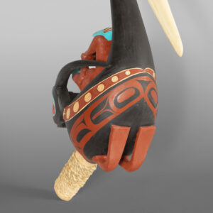 xShaman's Oystercatcher Rattle
David A Boxley
Tsimshian
Red cedar, fossil ivory, paint
12" x 10" x 4½" (16” with stand)
$12000
