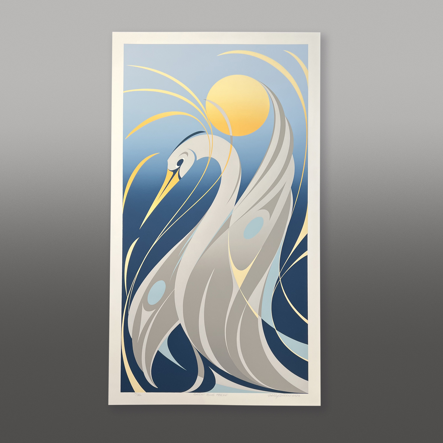 Great Blue Heron
Kelly Cannell
Coast Salish
Serigraph
30" x 16"
$480