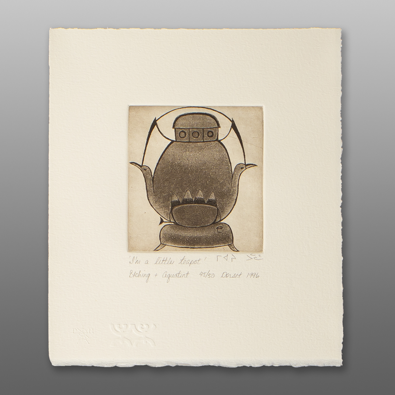 I'm a Little Teapot (1996)
Mary Pudlat
InuitEtching & Aquatint
8¼" 9½"