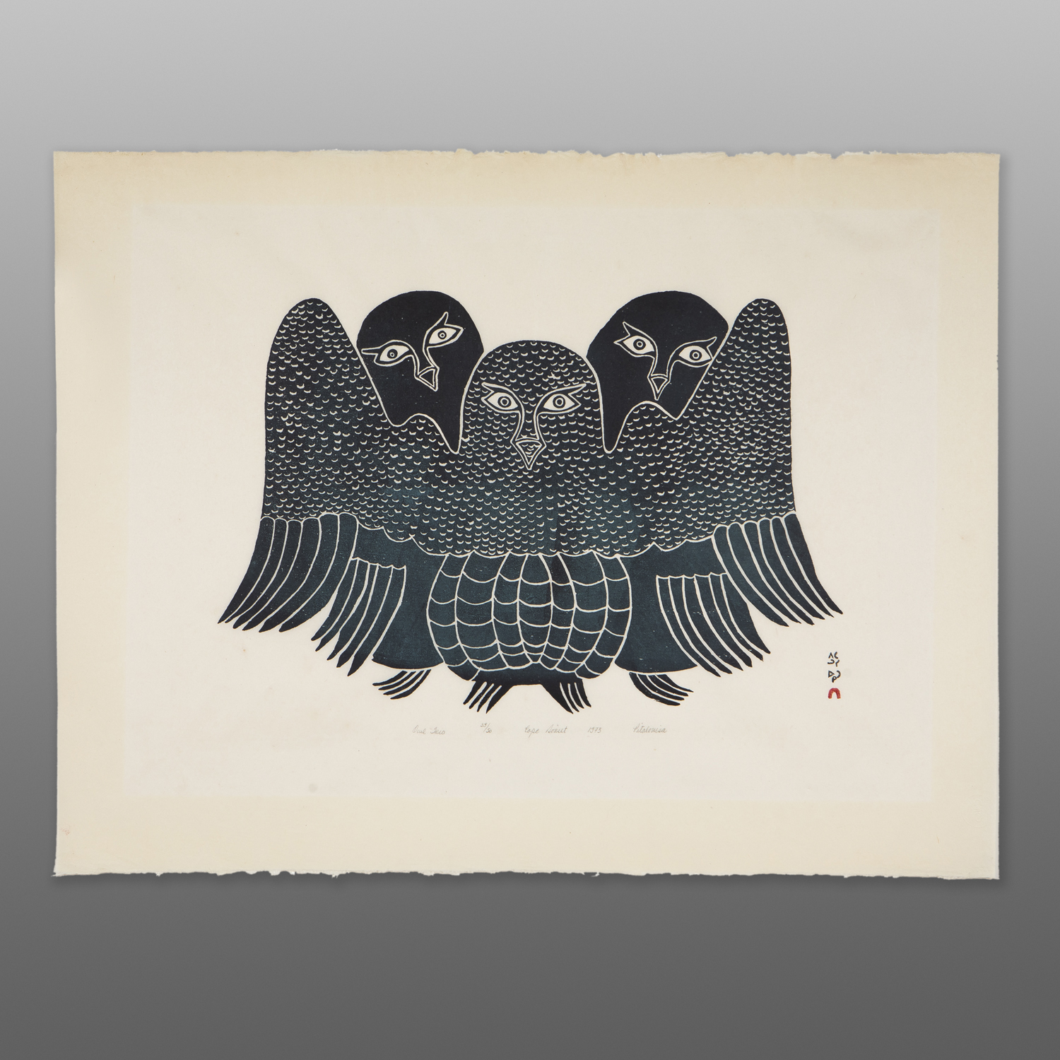 Owl Trio
Pitalousia
Inuit1973 Serigraph
33" x 26"
$900Arctic Bird Show 2024