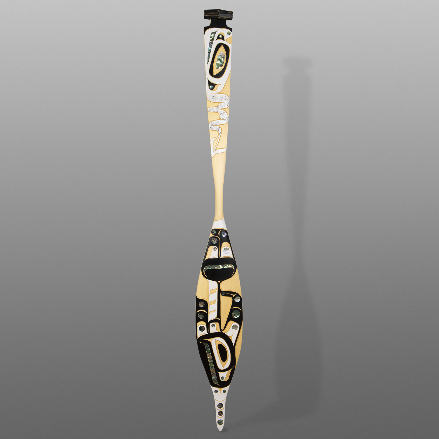 Orca & Sea Serpent
Moy Sutherland
Nuu-Chaa-Nulth
Yellow cedar, abalone, paint
68¾  x 7¾
$5600
Paddle Show 2024